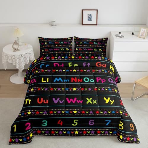 Image of Feelyou ABC Alphabet Comforter Set King, Alphabet Numbers Bedding Set for Kids Educational Learning Comforter Learning Time Duvet Set with 2 Pillow Case
