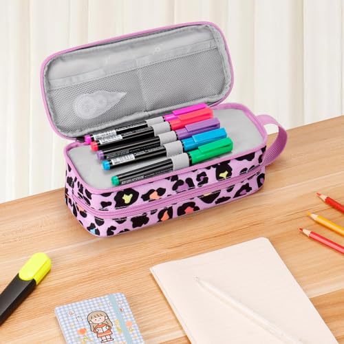 Image of Choco Mocha Girls Pencil Case for Kids, Soft Large Zipper Pencil Pouch for Kids with 2 Compartments Girls Pencil Case for School Leopard Pencil Bag, Cheetah Pink