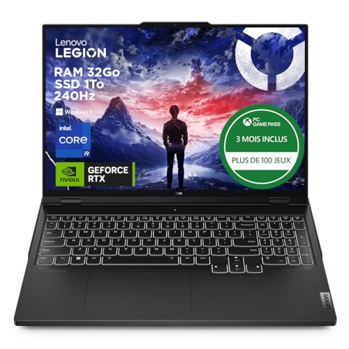 Lenovo Legion Pro 7 16IRX9H - Ordinateur Portable Gaming 16'' WQXGA 240Hz (Intel Core i9-14900HX, RAM 32Go, SSD 1To, NVIDIA RTX 4080 12Go, Windows 11 Home) Clavier rétroéclairé en Blanc AZERTY - Noir