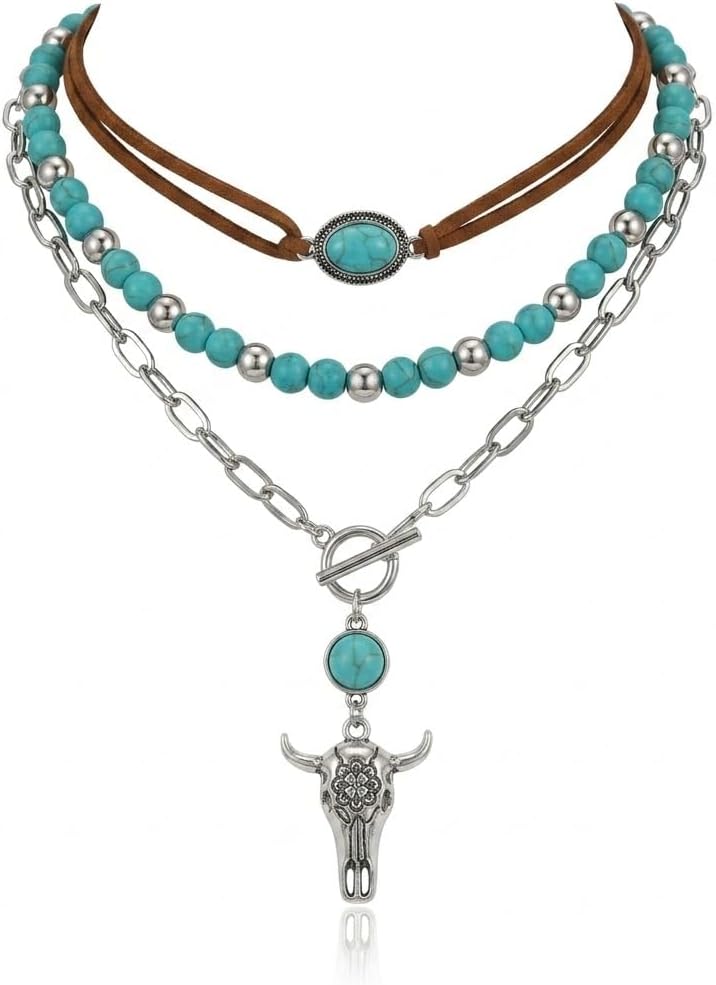 Western Layered Turquoise Bull Skull Necklace for Women, Vintage Southwest Style Faux Leather Beaded Choker Ox-head Pendant Necklace Western Jewelry for Women Cowgirl Accessories
