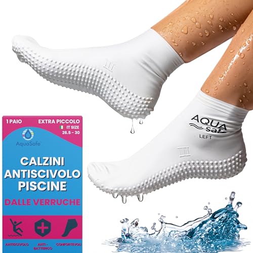 Aquasafe Calze Piscina Impermeabili Anti Verruche in Lattice Calze Nuoto Antiscivolo Scarpe Piscina Bambino Igieniche e Protettive (IT, Numero, 26, 30, Regular, Regular, Extra Piccolo, White)