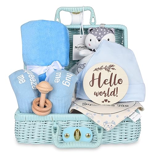 Image of NUTUCH Newborn Baby Gift Set | Baby Gift Basket | Newborn Blanket, Wooden Teether, Security Blanket, Cap, Baby Bibs, Socks & Greeting Card (Blue)