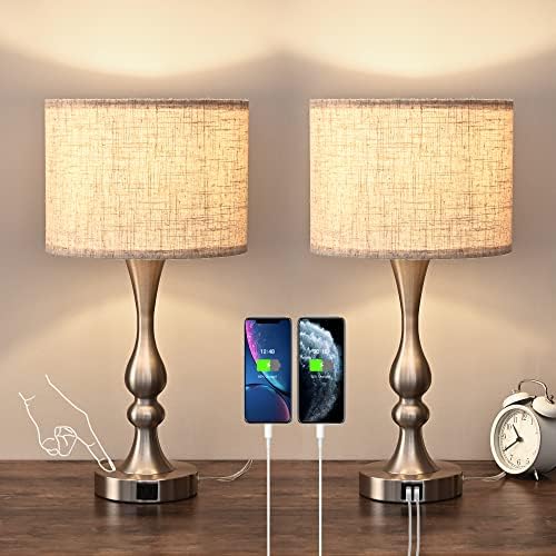 EDISHINE Bedside Lamps Set of 2, 3 Way Dimmable Touch Lamp with USB Charging, Table Lamps for Living Room, Bedroom, Beige Linen Shade (LED Bulbs Included)