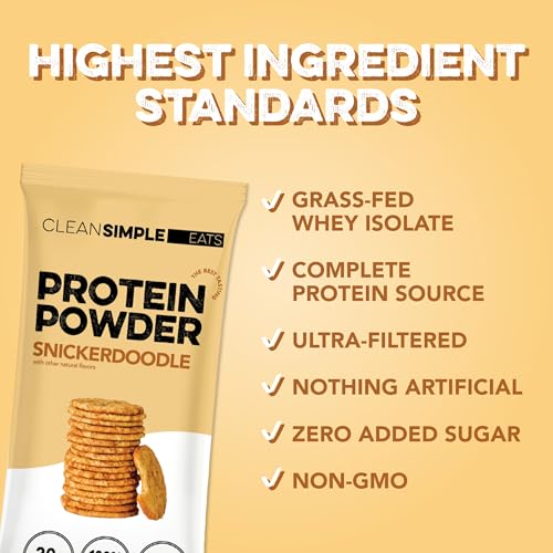 Image of Clean Simple Eats Whey Isolate Protein Powder, Snickerdoodle, Naturally Sweetened, Zero Added Sugar, 20g 100% Grass Fed Protein Powder with Digestive Enzymes, Gluten Free, Non GMO, 10 Stick Packs