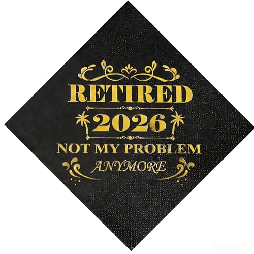 Retired 2026 Cocktail Napkins 50 Pack 3-Ply Retirement Party Decorations Supplies Black & Gold Disposable Napkins for Farewell Coworker Goodbye & Going Away Celebration (5x5)