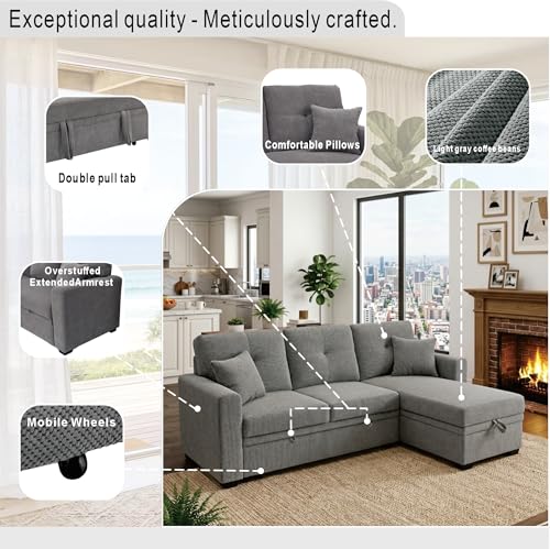 Image of KEIKI 71 inch Sleeper L Shaped Sofa with Pull Out Bed, Sleeper Sofa with Reversible Chaise, 3 Seater Modular Sectional Sofa with Storage for Living Room, Light Gray
