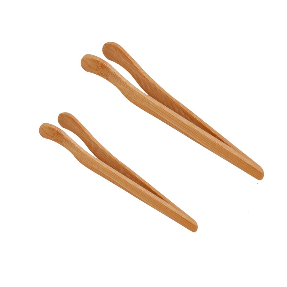 2PCS Bamboo Toaster Tongs, 18cm+14cm Wooden Cooking Tongs Reusable Bamboo Wood Kitchen Food Clip Tongs for Toast Bread Grill Cheese Pickles Tea Fruit