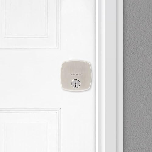 Miniatura 11 de Kwikset Midtown Cerradura de cerrojo de seguridad, puerta de entrada delantera con llave exterior moderna de níquel satinado, resistente a púas