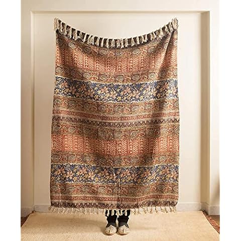 Handloomed Block Print Throws Blanket for Couch, Sofa (52 X 72 inches) | 100% Cotton, Lightweight & Soft Tassel Blanket | Mudcloth Print Throws for Home | Bohemian Quilt Mud Color, Wall Tapestry Cover