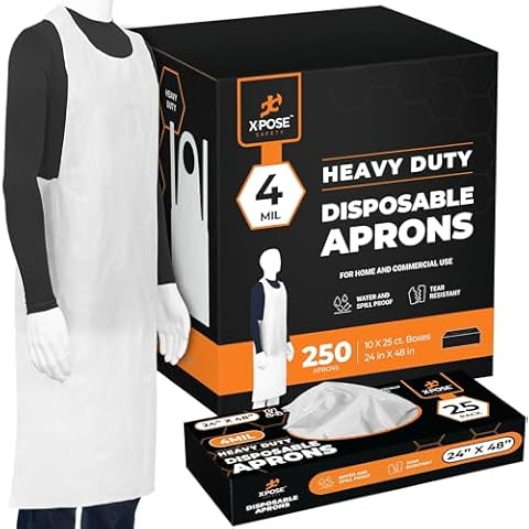 Xpose Safety 24 x 48 Inch Heavy Duty 4 Mil Thick Disposable Aprons Waterproof Tear-Resistant White Plastic Aprons Pack of 250 (White, Box of 250, 4 Mil) Cover