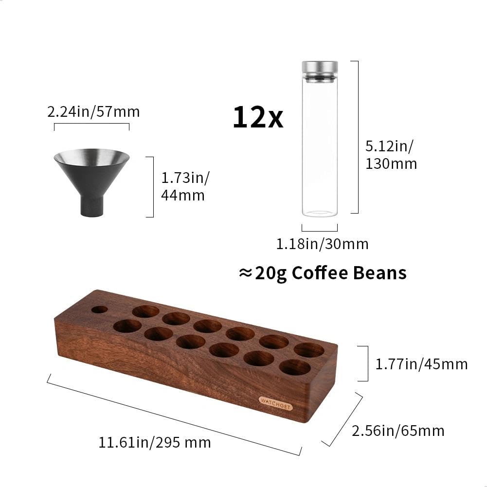 watchget 12 tubos de almacenamiento de granos de café de una sola dosis, recipiente de almacenamiento de café con válvula de escape unidireccional, viales de vidrio con base de madera de nogal y