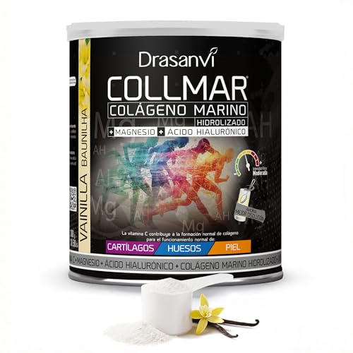 Drasanvi COLLMAR Colágeno Marino Hidrolizado con Ácido Hialurónico, Magnesio, Vitamina C | para cartílagos, huesos y piel | Sin edulcorantes |Alta dosis 9.717 mg/dia |300g de polvo | Sabor Vainilla