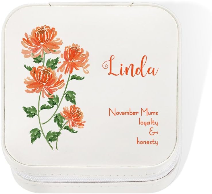 callie Custom Birth Flower Jewelry Box PU Leather Travel Organizer, Personalized Necklace Earrings Ring Case, Gifts for Woman, Mom, Wife