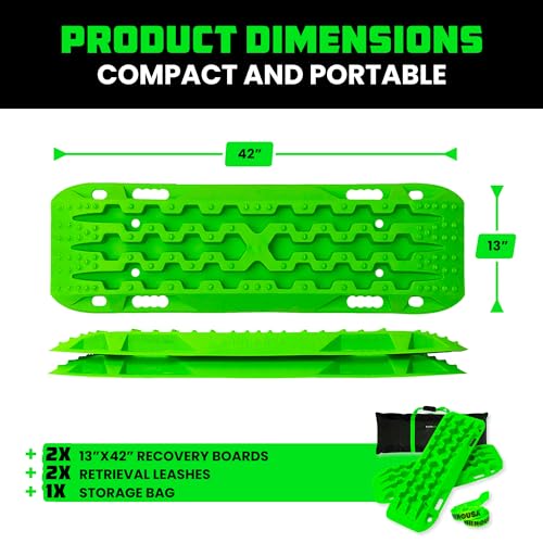 Rhino USA Off-Road Recovery Traction Boards - 2 Pack Ultimate Tire Traction Mountable Mats for 4X4 Vehicles in Sand, Mud & Snow. Heavy Duty Zipper Carry Bag and Leashes Included - (Green)