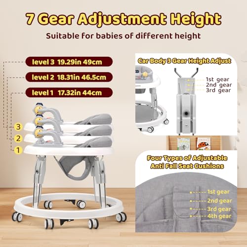 baby walker with wheelsmusic and lights baby walker for boys girls 6-12 monthsfoldable baby walkers and activity centertoddler infant walker with 7-speed height adjustmentdetachable plategray