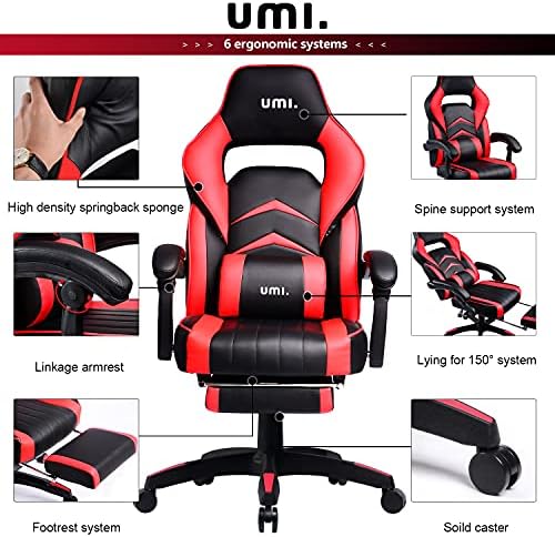Amazon Brand - Umi Office Gaming Chair With Footrest Ergonomic Computer Desk Chair With High Back Lumbar Support 360 Degree Swivel Rocking Chair - Red 