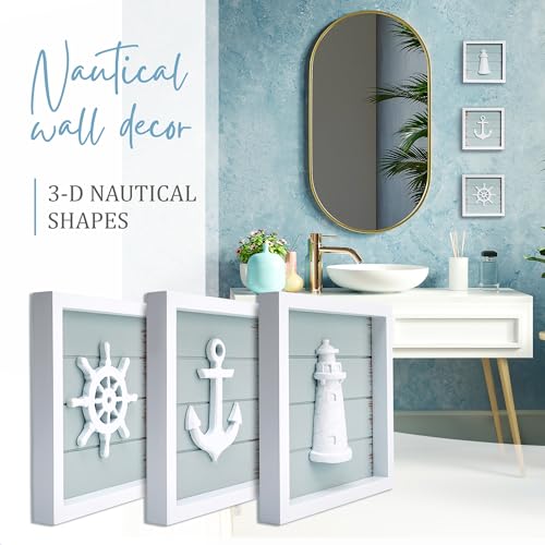 TideAndTales 3D Nautical Wall Decor (7"x7"), Coastal Theme Home Decorations with Anchor, Lighthouse and Ship Wheel, Rustic Ocean Inspired Bathroom Decor - Nautical Gifts - Framed Set of 3 - Image 2