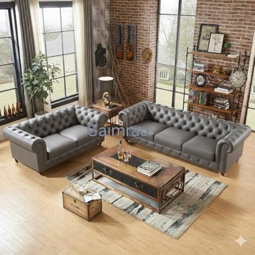 Image of Classic Leatherette Chester Sofa Set Button Tufted, Classic Style Sofa Set 3-Person Sofa for Living Room, Office, and Hallway Colour (Grey Leatherette, 3+2=5 Seater Sofa)