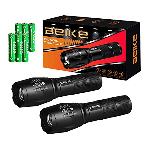 BEIKE 2 Pack 1000 lumens Tactical Flashlights, Super Bright Handheld Outdoor CREE LED Torch Flashlight with Adjustable Focus 5 Light Modes for Camping Hiking Emergency(AAA Batteries Included)