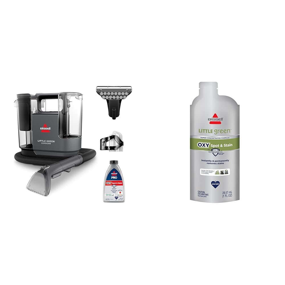 BISSELL Little Green Cordless Portable Deep Cleaner with 25V Lithium-Ion Battery &amp; Battery-Boost Technology, 3682 + NEW BISSELL Little Green Pro Oxy Spot &amp; Stain Super Concentrate