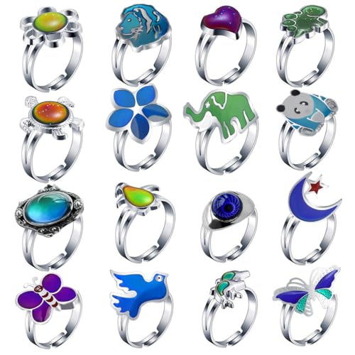 16 Pieces Mood Rings Turtle Eye Panda Elephant Butterfly Lion Change Color Emotion Feeling Finger Ring