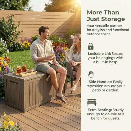 Image of 185 Gallon Deck Box Outdoor Storage, Weatherproof Resin Patio Container for Cushions Garden Tools Pool Accessories, Lockable Lid with Handles, Bench Seat for Yard Patio Garage