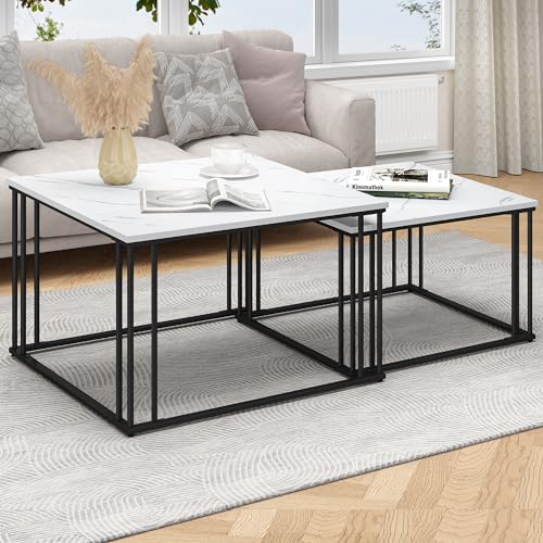YITAHOME Lot de 2 Table Basses Modernes pour Le Salon, Tables Basses en Bois Blanc et Gris avec Design Amovible, Meuble TV, Table à Manger de Salon, Table d'Appoint...