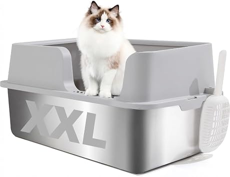 FURRYPAWS XL Stainless Steel Cat Litter Tray with Lid 50L Extra Large Metal Cat Litter Box for Big Cats  61x41x30cm, High Sided Litter Tray, With Litter Scoop