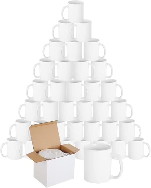wowsubli 36 Sublimation Mugs Large Handle 11oz with Gift Boxes, Blank White Coffee Mugs AAA Grade Double ORCA Coated Cups for Sublimation Heat Press Printing
