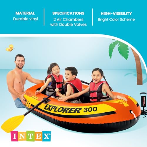 Image of Intex Explorer 300, 3-Person Inflatable Boat Set with French Oars and High Output Air Pump
