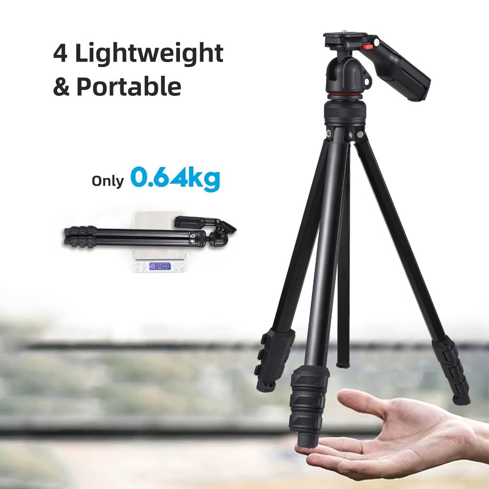 Andoer Treppiede macchina fotografica, treppiede per foto portatile da 141 cm in lega di alluminio girevole a 360° con maniglia Clip per telefono integrata per fotocamere DSLR Videocamere Smartphone