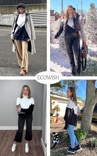 Image of ECOWISH Women Fall Pullover Sweater Turtleneck Plaid Long Sleeve Loose Casual Chunky Checked Knit Winter Sweaters Jumper Tops
