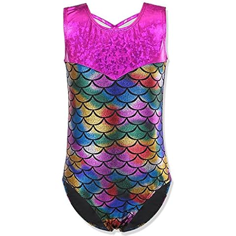 HUANQIUE Girls 3-12Y Fish Scales Sparkle Gymnastics Leotard Sleeveless 5-6Y Colorful Cover