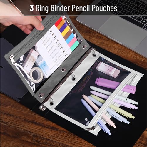 Image of Mr. Pen- Pencil Pouch for 3 Ring Binder, 5 Pack, 10 inchx7 inch, Smooth Zipper | Clear Window, Large Capacity Pencil Case with 3 Reinforced Grommets for School, Office, Supplies Storage | Clear Window, Large Capacity Pencil Case with 3 Reinforced Grommets for School, Office, Supplies Storage
