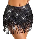 TWINKLEDE Sequin Tassel Skirt Black Belly Dance Skirts Fringe Hip Scarf Rave Belts for Women (B Black)