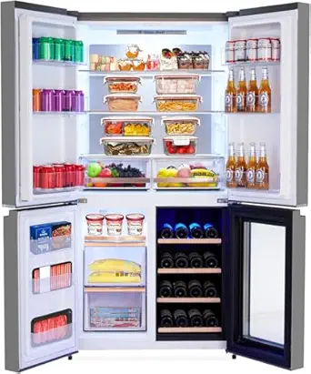 36 Inch Refrigerator and Freezer, 21 Cu. Ft Counter Depth Fridge French Door Refrigerator with Wine Cooler, 4-Door Fridge with Automated Defrost & Touch Screen, Interior LED Light