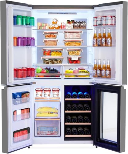 36 Inch Refrigerator and Freezer, 21 Cu. Ft Counter Depth Fridge French Door Refrigerator with Wine Cooler, 4-Door Fridge with Automated Defrost & Touch Screen, Interior LED Light