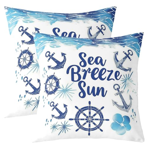 Image of Homemissing Anchor Decor Reversible Throw Pillow Covers 60x60cm Nautical Themed Pillow Covers Home Decor Ocean Square Cushion Covers Set of 2 Sea Adventure Outdoor Pillows Covers Blue White