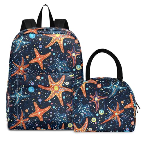 Backpack Lunch Box Set Large Capacity Travel Backpacks and Insulated Lunch Bag for Commute Hiking Picnic Anime Starfish Print