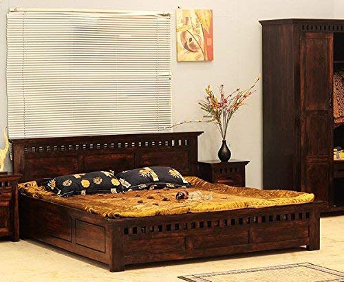 Image of Sheesham Solid Wood Teak Finish Adolph Bed with Storage for Beautiful Luxury Room (Queen, Teak)