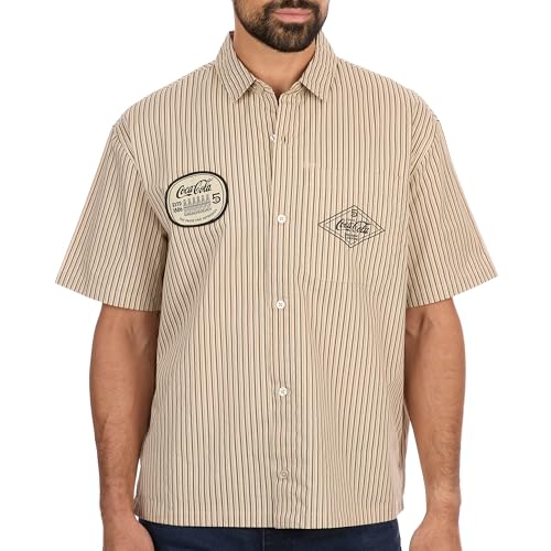 Coca-Cola Retro Pin-Striped Button Down Workwear Shirt - Officially Licensed Coke Heritage Short Sleeve Collared Woven Top Sand
