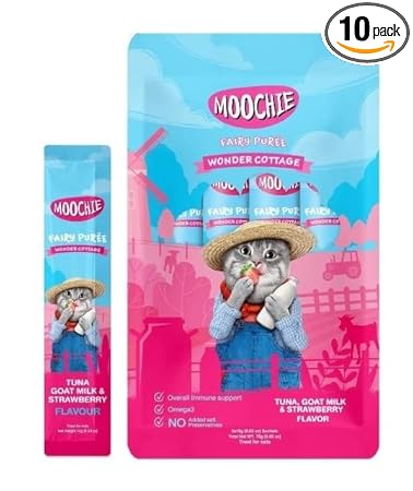 Moochie Cat Creamy Treat with Tuna , goatmilk & Strawberry Flavour for Cats and Kittens -15gms Each (10)