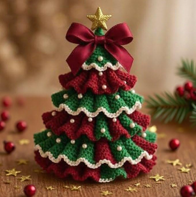 Constprog DIY Crochet Christmas Tree Kit – Handmade Holiday Decoration Set, Beginner（Unfinished，Only The Material Package is Available and You Need to Make it Yourself） (Red&Green)