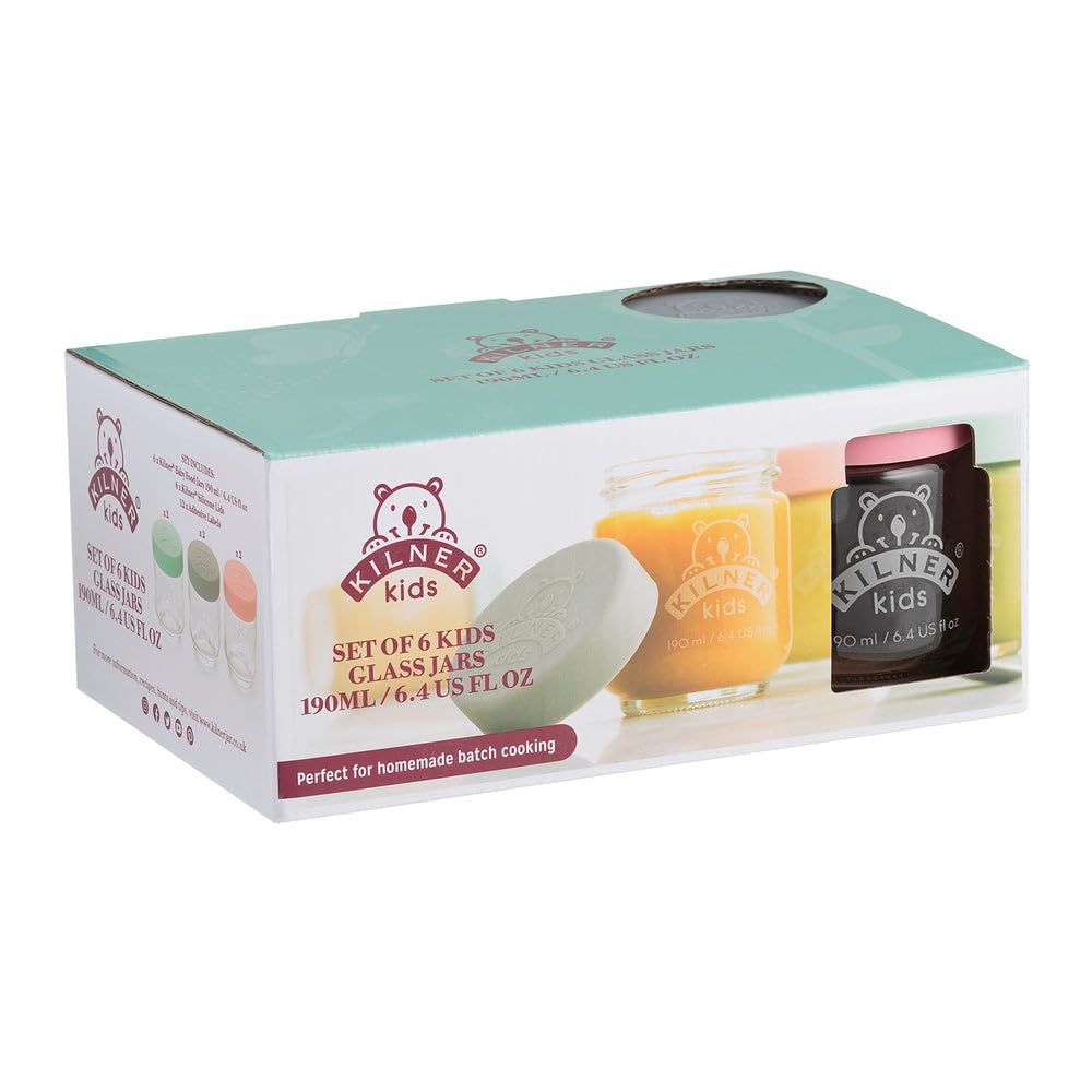 KILNER Babygläser Set 6 x 190 ml, Glas mit Silikondeckel, spülmaschinenfest | Babynahrungsgläser, spülmaschinenfest, mikrowellengeeignet, gefriergeeignet, auslaufsicher, 12 Etiketten inklusive