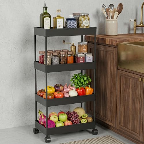 Image of Kitchen Storage Trolley, Plastic Rack with Wheels, Lightweight, Rust-Proof, Space-Saving, for Vegetables, Fruits and Daily Essentials (Black, 4-leyer)