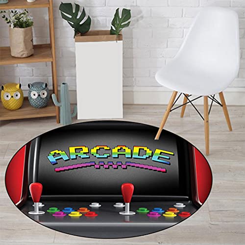 Arcade Games 55  Round Play Mat, Arcade Machine Retro Game Fun Joystick Buttons Vintage 80s Electronics Large Area Rugs for Home Decoration, Multi