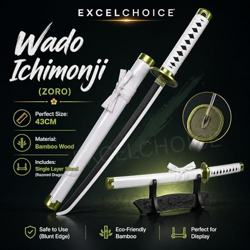 Image of EXCELCHOICE One Piece Zoro Wado Ichimonji Katana Sword 42cm Bamboo Wood Anime Katana Roronoa Zoro (Stand Included) Perfect for Anime Gift, Cosplay, Decoration, Display