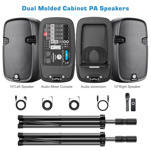 Image of NBVOICE NBVPPS210DSP 10 inch 600W Professional Powered PA System with 99DSP Tech, 48V Phantom Power,8-Channel Mixer & Bluetooth 5.3,Tripods Included for DJ /Outdoor Events