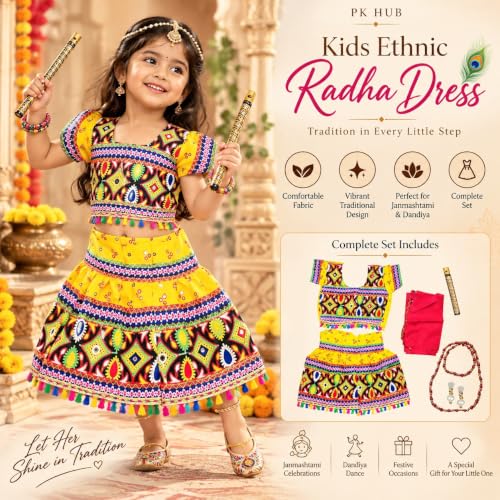 Image of PK HUB Kids Ethnic Radha Dress Lehenga Choli | Chania Choli Set | Janmashtami Mythological | Dandiya Dance Costume | Rajasthani ethinic style For Baby Girls