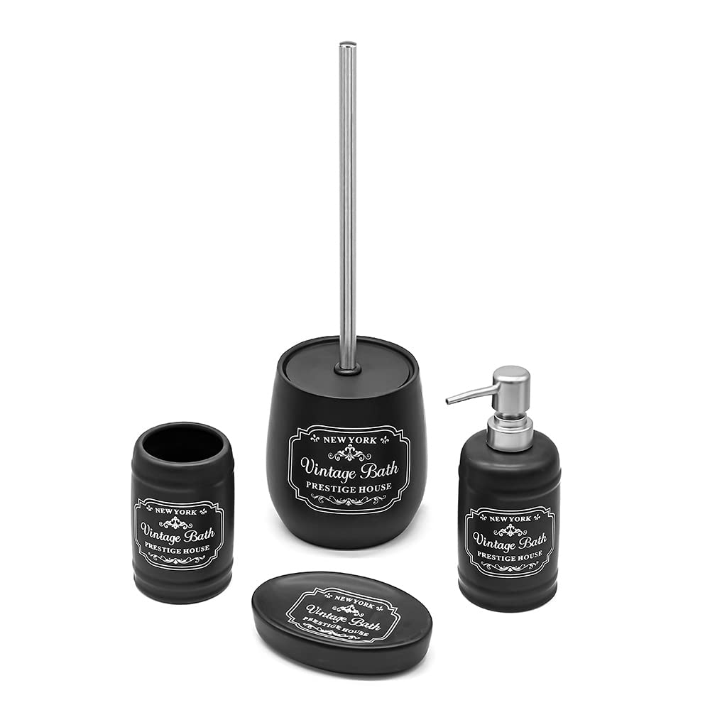 Inbagno Set Bagno Completo in Ceramica Nera con Stampe a Contrasto Bianche, Include Dispenser Sapone, portaspazzolini, portasapone e portascopino
